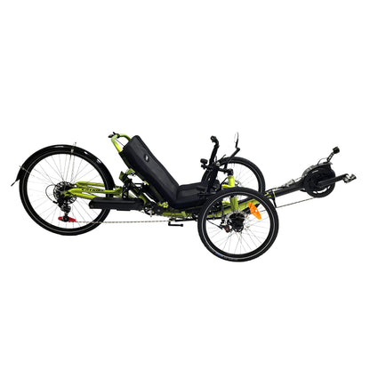 Side view of the Catrike Dumont eCat with Bosch BES3 Recumbent Trike in Eon Green against a white background.