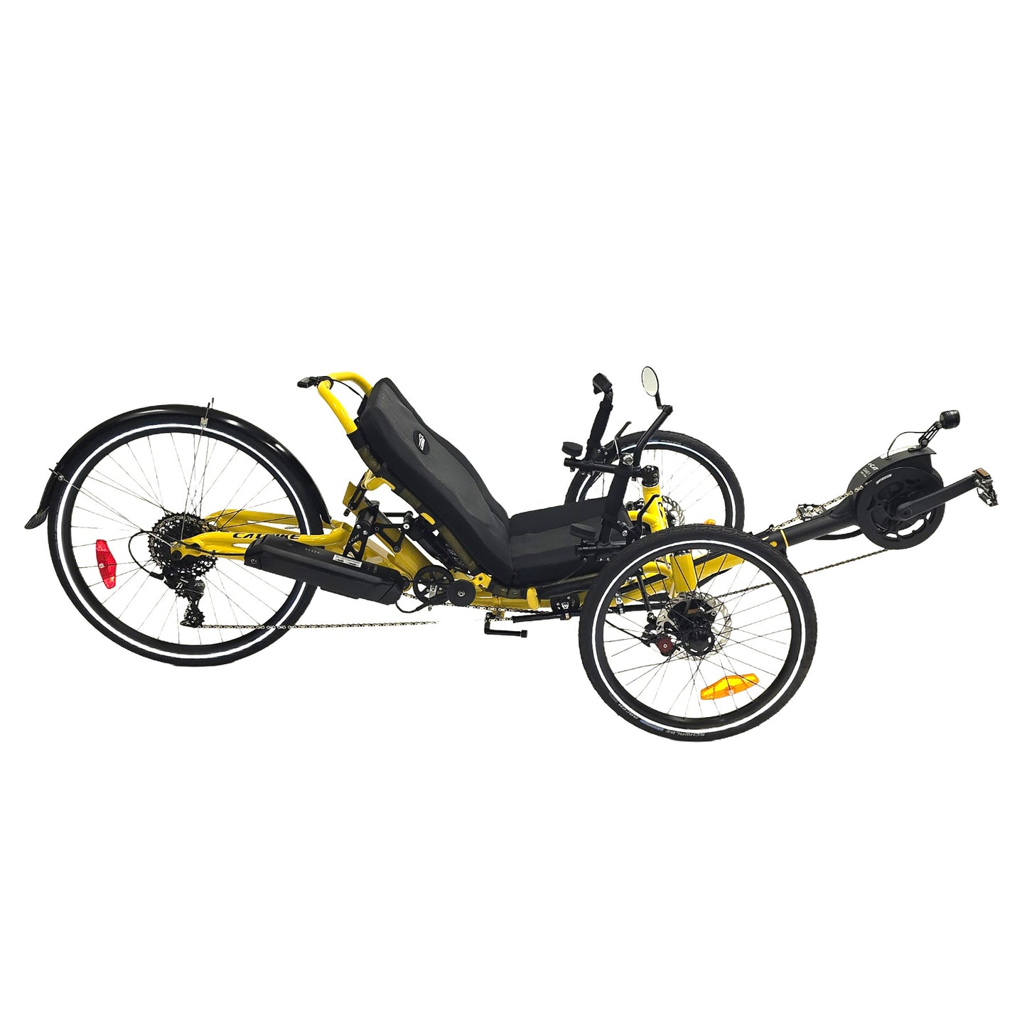 Side view of the Catrike Dumont eCat with Bosch BES3 Recumbent Trike in Firefly Yellow against a white background.