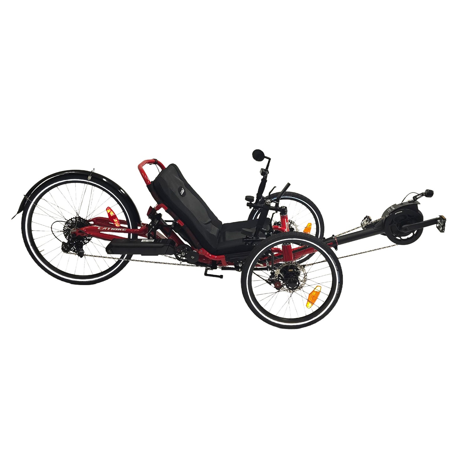 Side view of the Catrike Dumont eCat with Bosch BES3 Recumbent Trike in Lava Red against a white background.