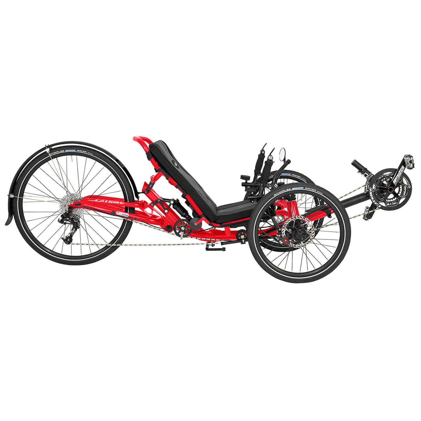 Side view of the Catrike Dumont Recumbent Trike in Lava Red against a white background.