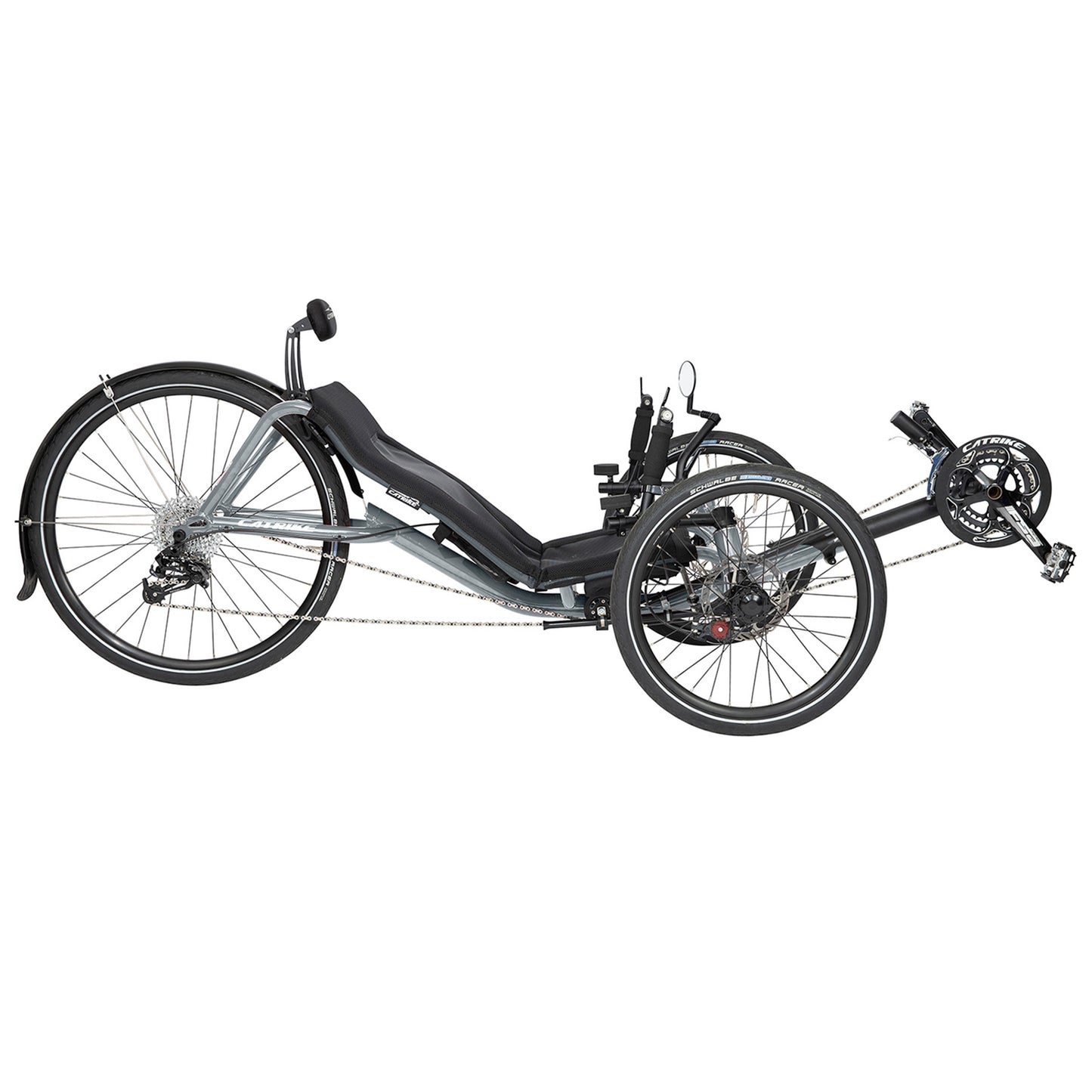 Side view of the Catrike Expedition Recumbent Trike in Moon Rock Silver against a white background.
