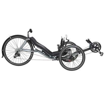 Side view of the Catrike Expedition Recumbent Trike in Moon Rock Silver against a white background.