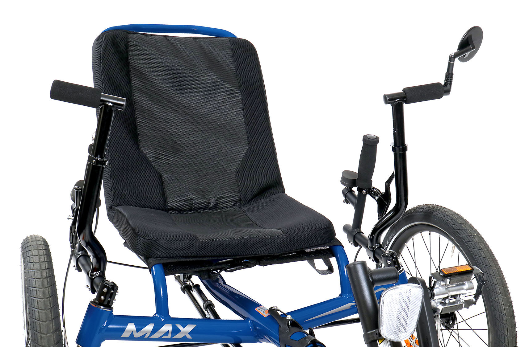 catrike max electric blue adult recumbent tadpole trike tricycle in electric blue closer view of seat and handlebars