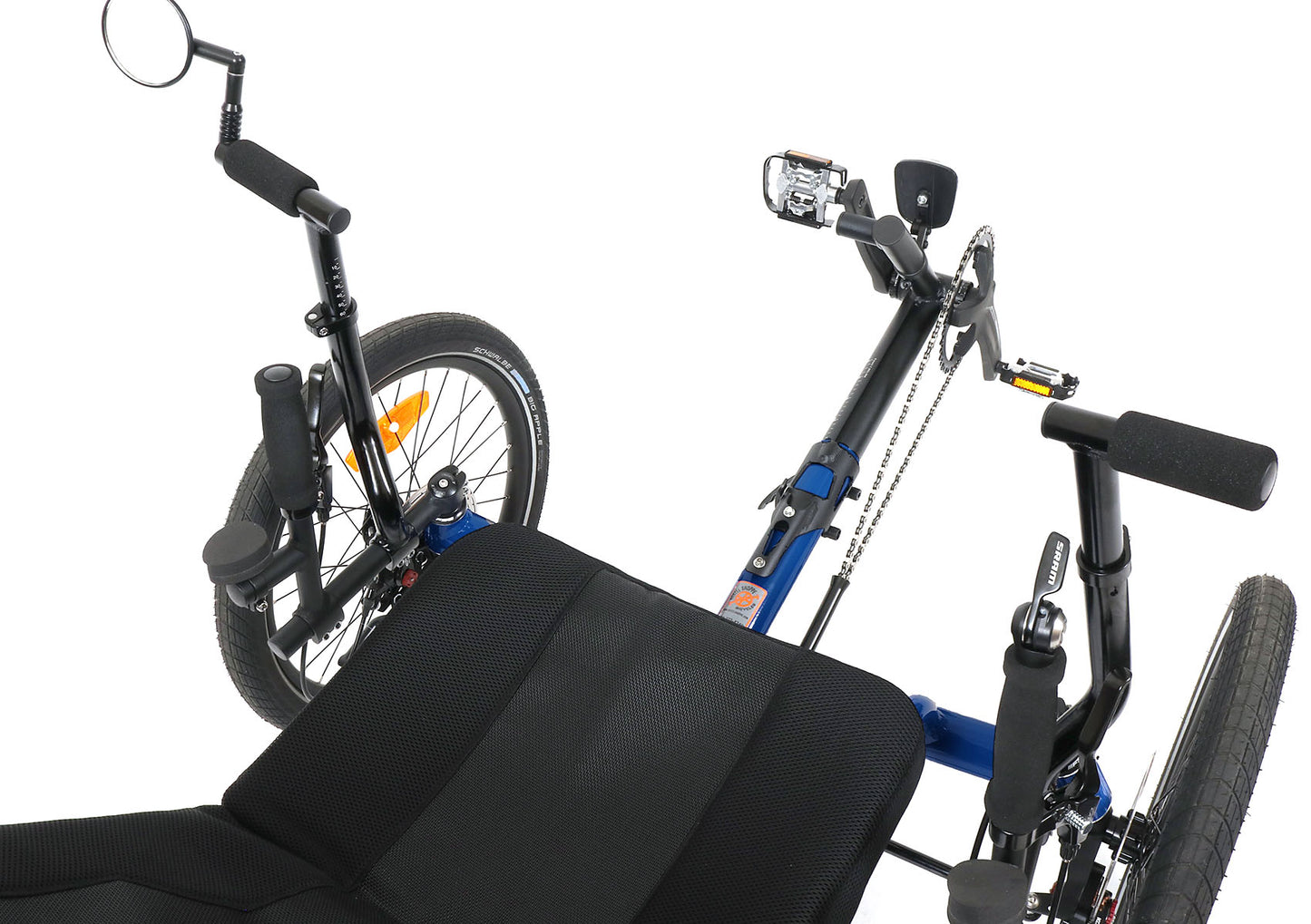 catrike max electric blue adult recumbent tadpole trike in electric blue top view of seat and boom