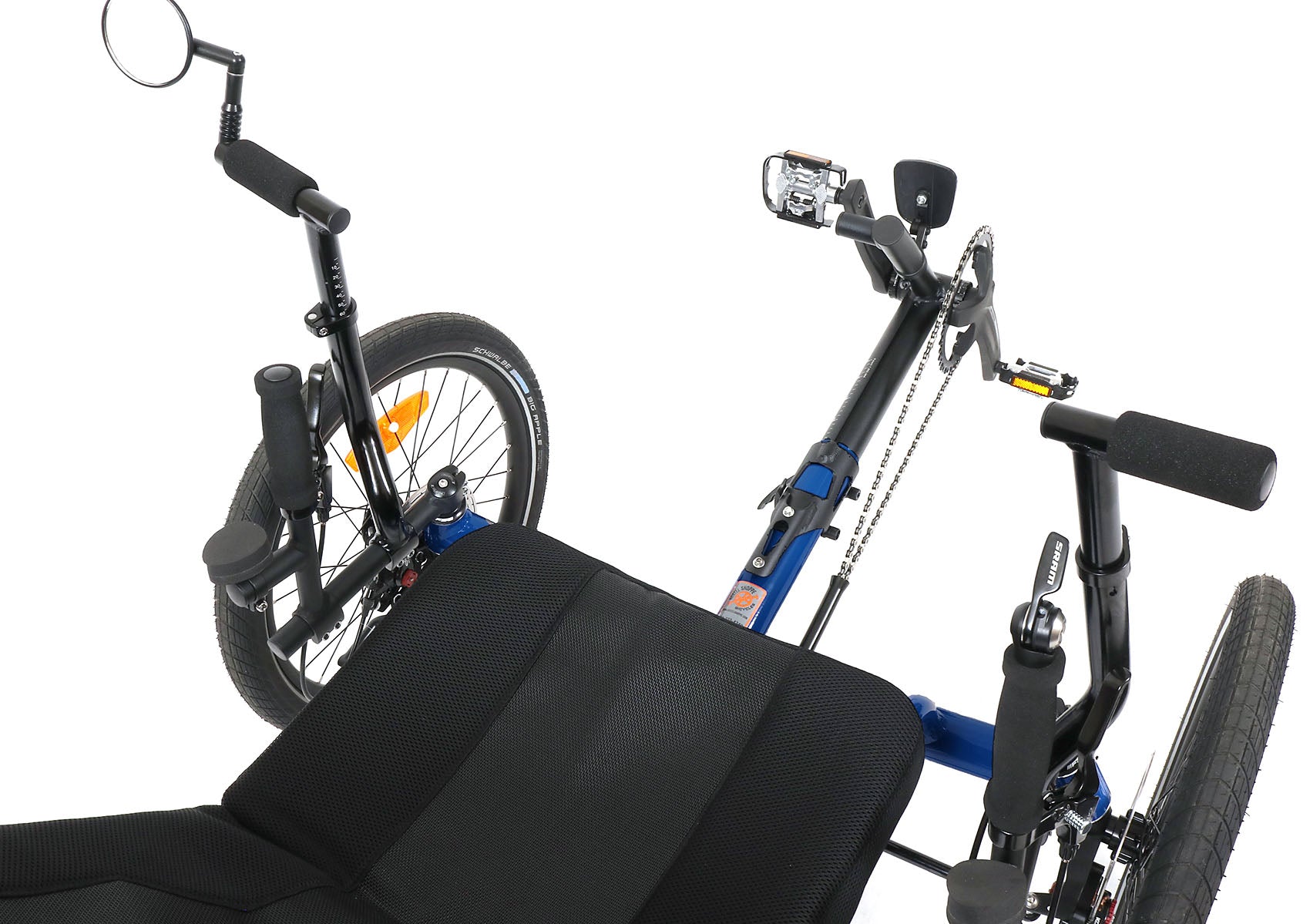 catrike max electric blue adult recumbent tadpole trike in electric blue top view of seat and boom