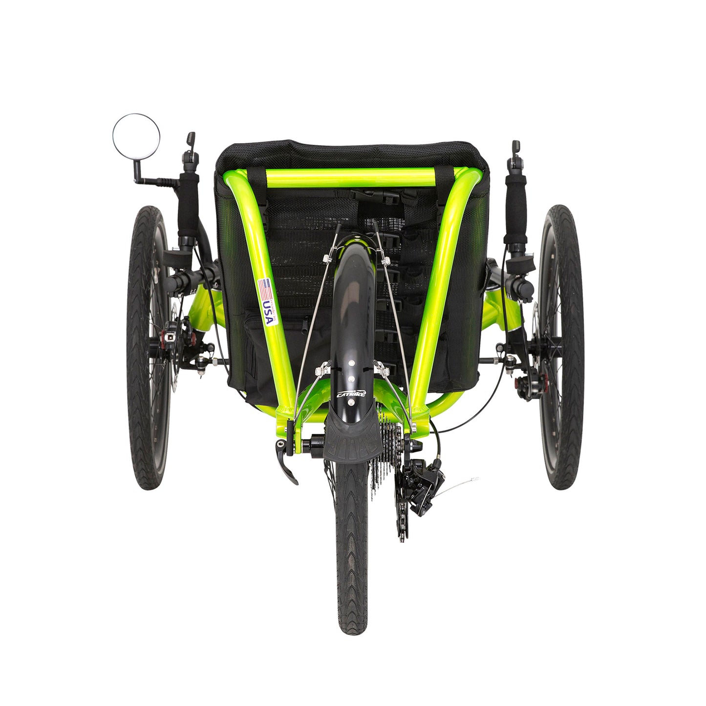 Rear view of the Catrike Pocket Recumbent Trike in Eon Green against a white background.