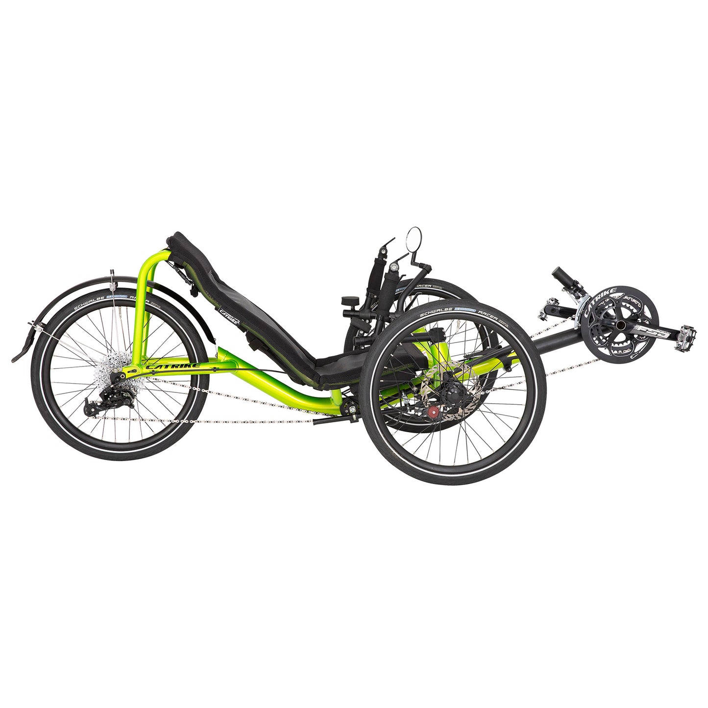 Side view of the Catrike Pocket Recumbent Trike in Eon Green against a white background.