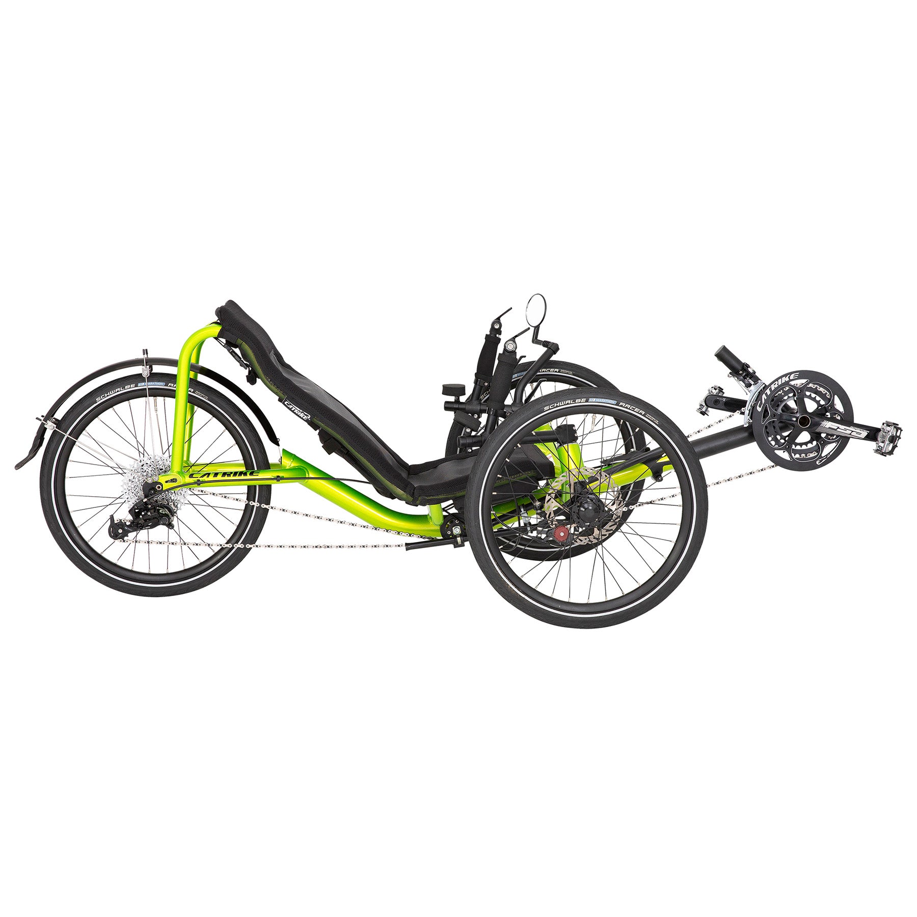 Side view of the Catrike Pocket Recumbent Trike in Eon Green against a white background.