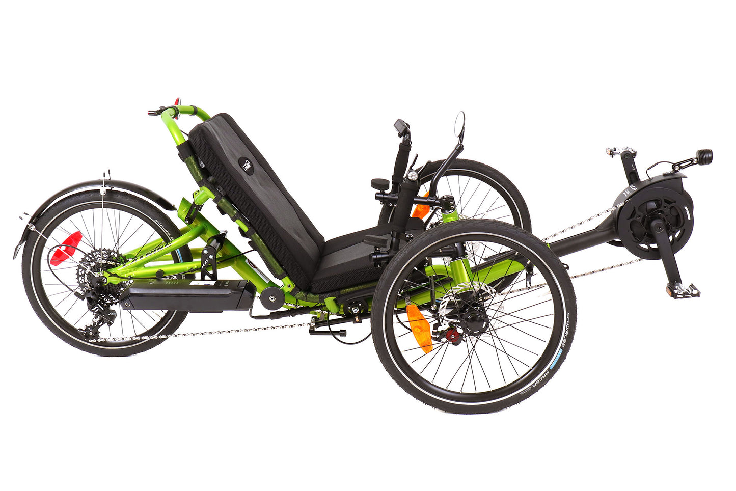 Side view of the Catrike Trail eCat with Bosch BES3 Recumbent Trike in Eon Green, shown on a white background. Complete with handrests, a rear fender, and an integrated lighting system.