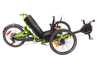 Side view of the Catrike Trail eCat with Bosch BES3 Recumbent Trike in Eon Green, shown on a white background. Complete with handrests, a rear fender, and an integrated lighting system.