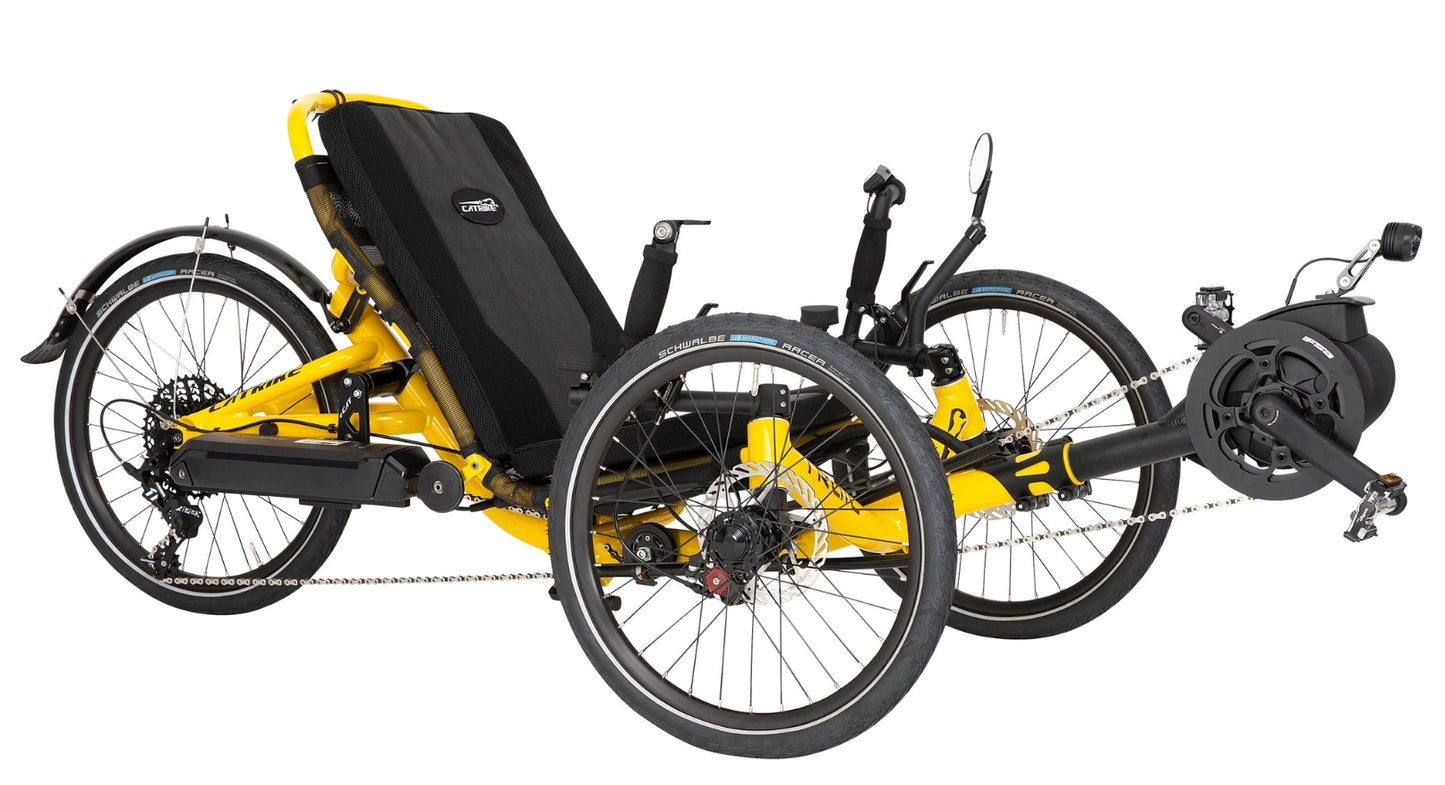 Front quarter view of the Catrike Trail eCat with Bosch BES3 Recumbent Trike in Firefly Yellow, shown on a white background. Complete with handrests, a rear fender, and an integrated lighting system.