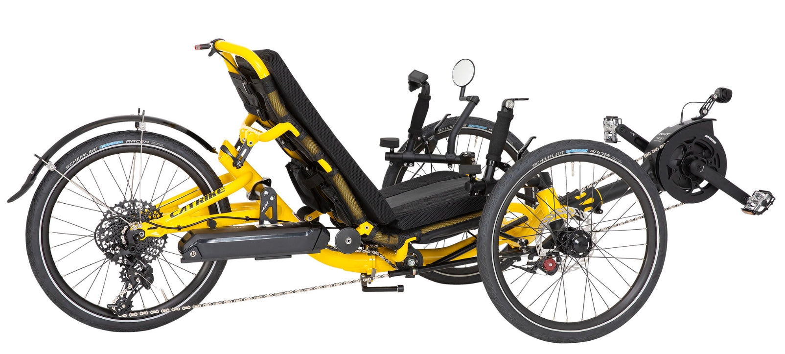 Rear quarter view of the Catrike Trail eCat with Bosch BES3 Recumbent Trike in Firefly Yellow, shown on a white background. Complete with handrests, a rear fender, and an integrated lighting system.