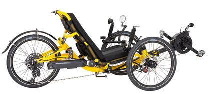 Rear quarter view of the Catrike Trail eCat with Bosch BES3 Recumbent Trike in Firefly Yellow, shown on a white background. Complete with handrests, a rear fender, and an integrated lighting system.