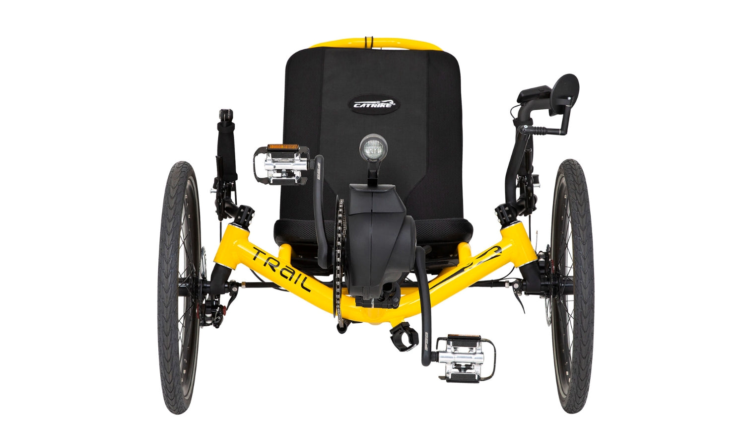Front view of the Catrike Trail eCat with Bosch BES3 Recumbent Trike in Firefly Yellow, shown on a white background. Complete with handrests, a rear fender, and an integrated lighting system.