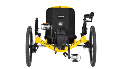 Front view of the Catrike Trail eCat with Bosch BES3 Recumbent Trike in Firefly Yellow, shown on a white background. Complete with handrests, a rear fender, and an integrated lighting system.
