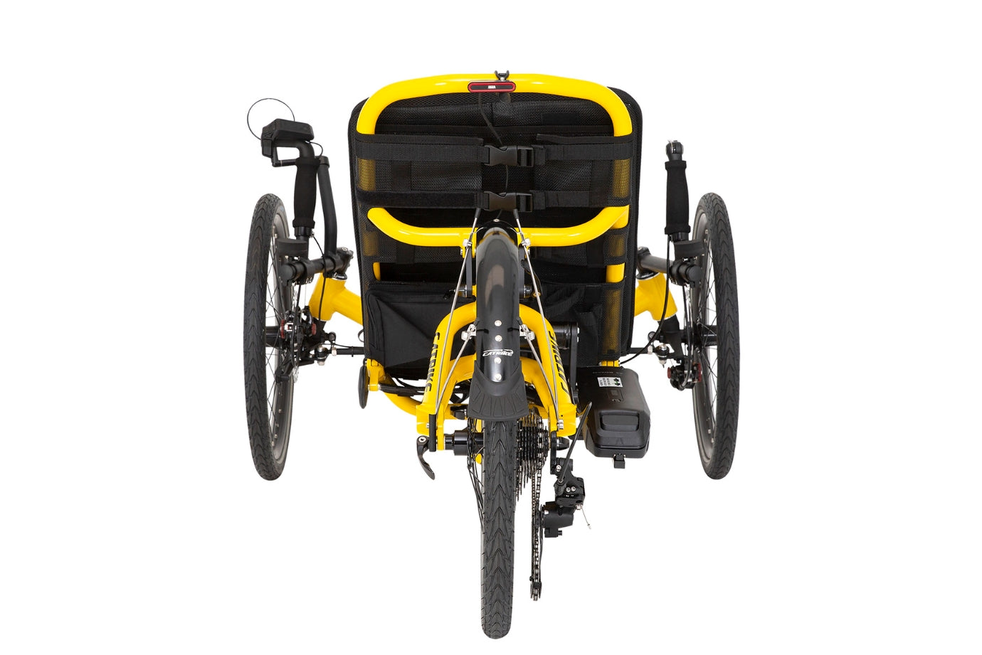 Rear view of the Catrike Trail eCat with Bosch BES3 Recumbent Trike in Firefly Yellow, shown on a white background. Complete with handrests, a rear fender, and an integrated lighting system.