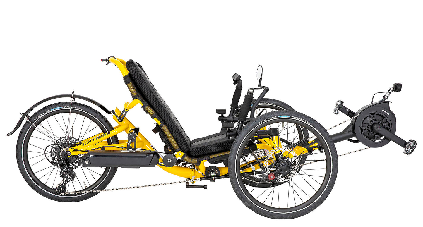 Side view of the Catrike Trail eCat with Bosch BES3 Recumbent Trike in Firefly Yellow, shown on a white background. Complete with handrests, a rear fender, and an integrated lighting system.