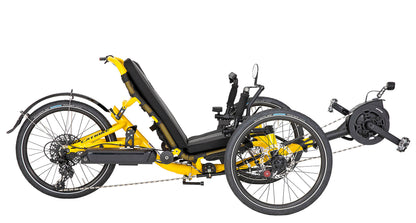Side view of the Catrike Trail eCat with Bosch BES3 Recumbent Trike in Firefly Yellow, shown on a white background. Complete with handrests, a rear fender, and an integrated lighting system.