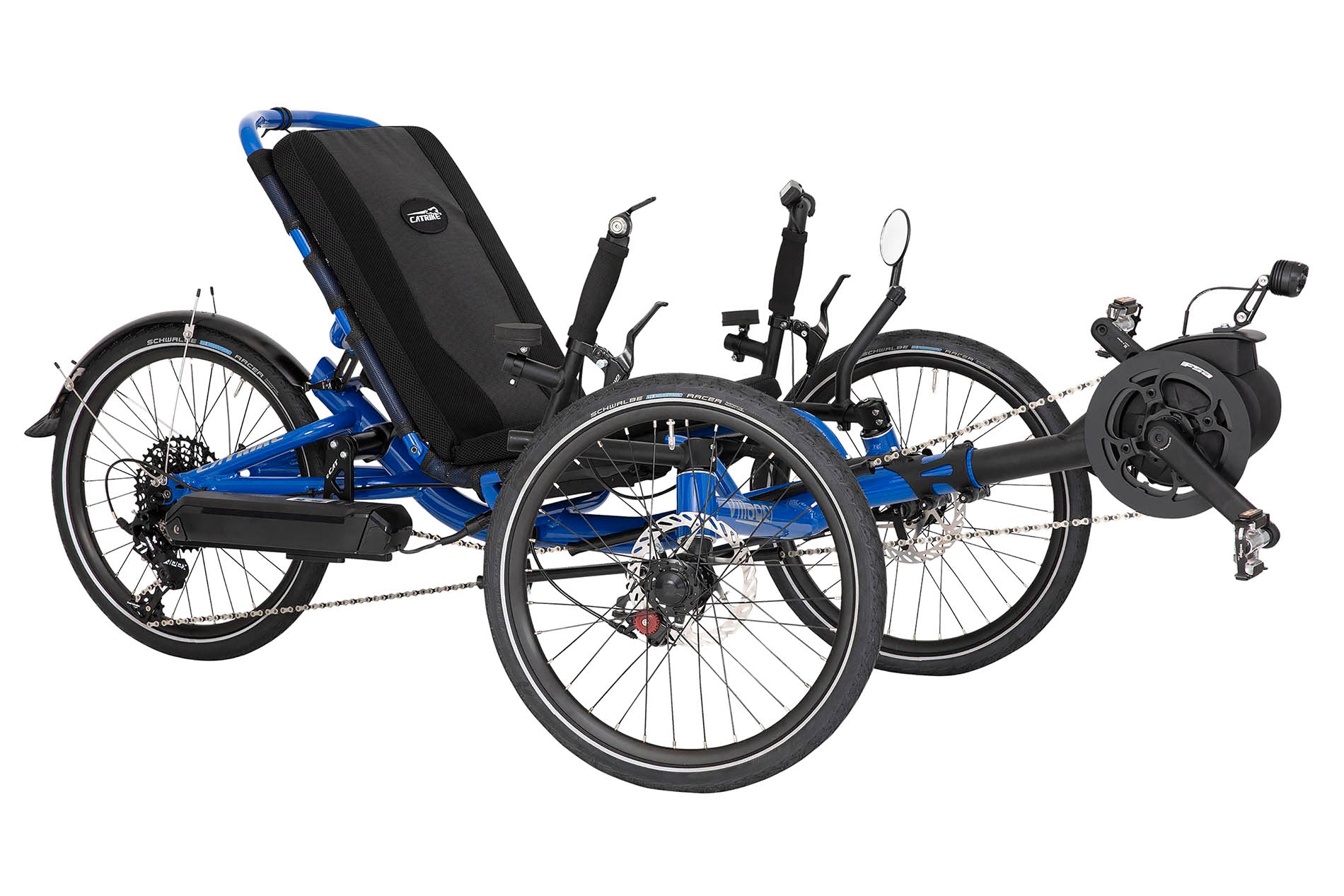 Front quarter view of the Catrike Villager eCat with Bosch BES3 Recumbent Trike in Electric Blue, shown on a white background. Complete with handrests, a rear fender, and an integrated lighting system.