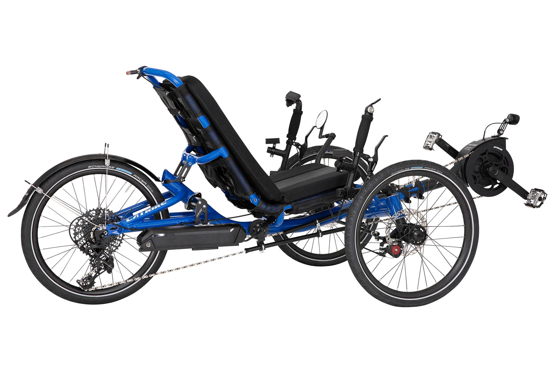 Rear quarter view of the Catrike Villager eCat with Bosch BES3 Recumbent Trike in Electric Blue, shown on a white background. Complete with handrests, a rear fender, and an integrated lighting system.