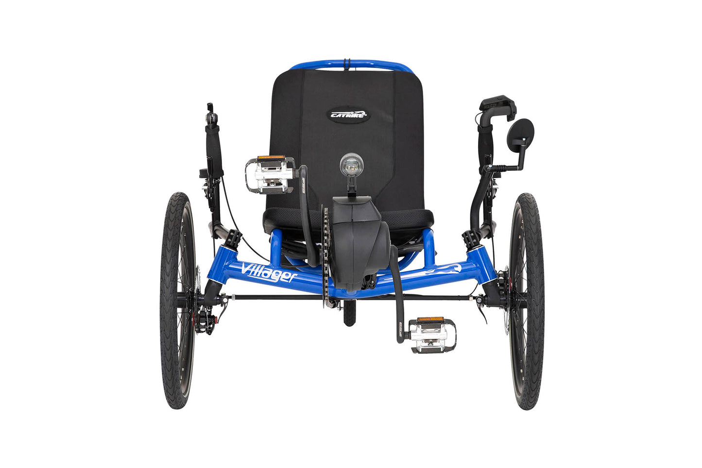 Front view of the Catrike Villager eCat with Bosch BES3 Recumbent Trike in Electric Blue, shown on a white background. Complete with handrests, a rear fender, and an integrated lighting system.
