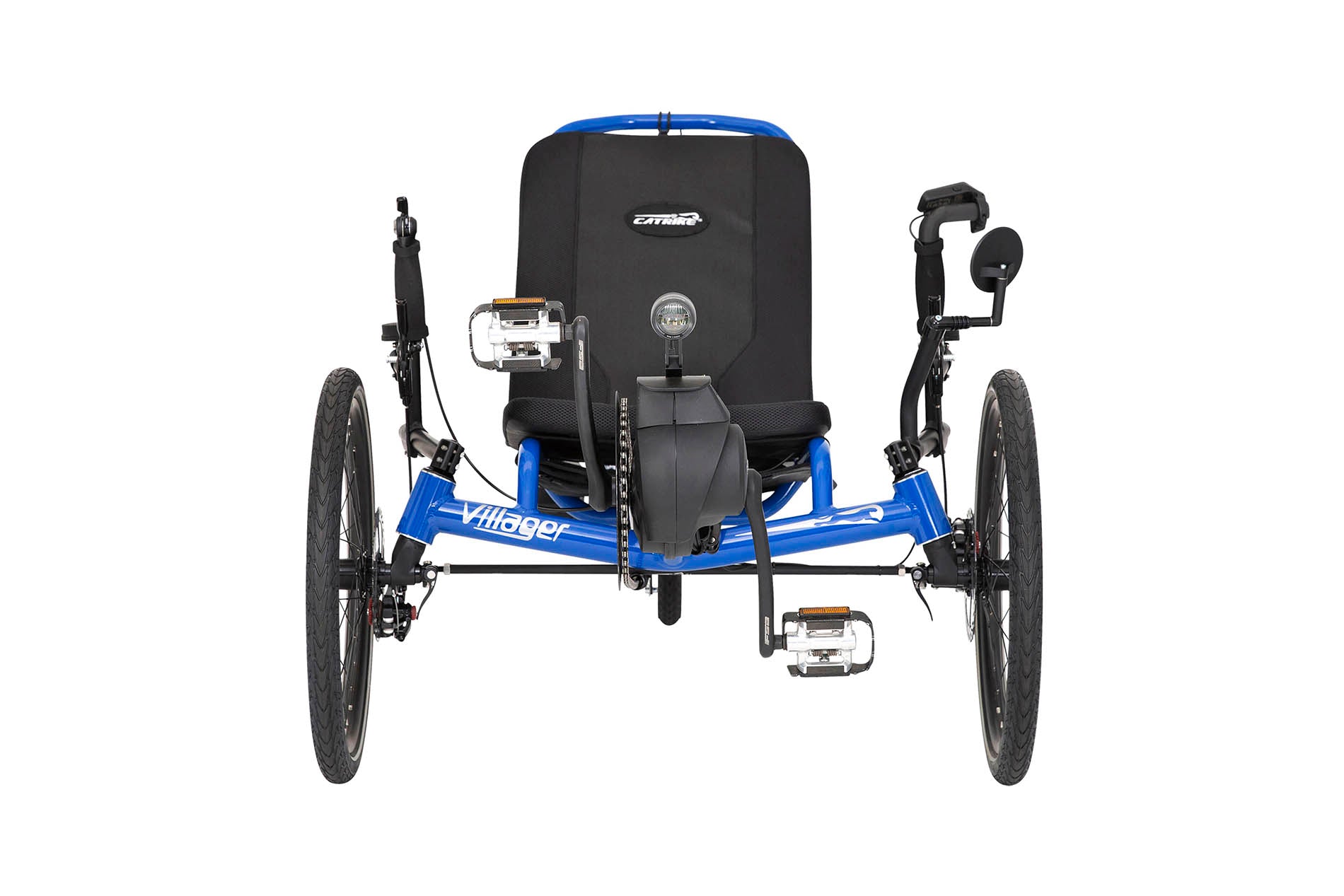 Front view of the Catrike Villager eCat with Bosch BES3 Recumbent Trike in Electric Blue, shown on a white background. Complete with handrests, a rear fender, and an integrated lighting system.