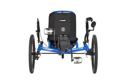 Front view of the Catrike Villager eCat with Bosch BES3 Recumbent Trike in Electric Blue, shown on a white background. Complete with handrests, a rear fender, and an integrated lighting system.