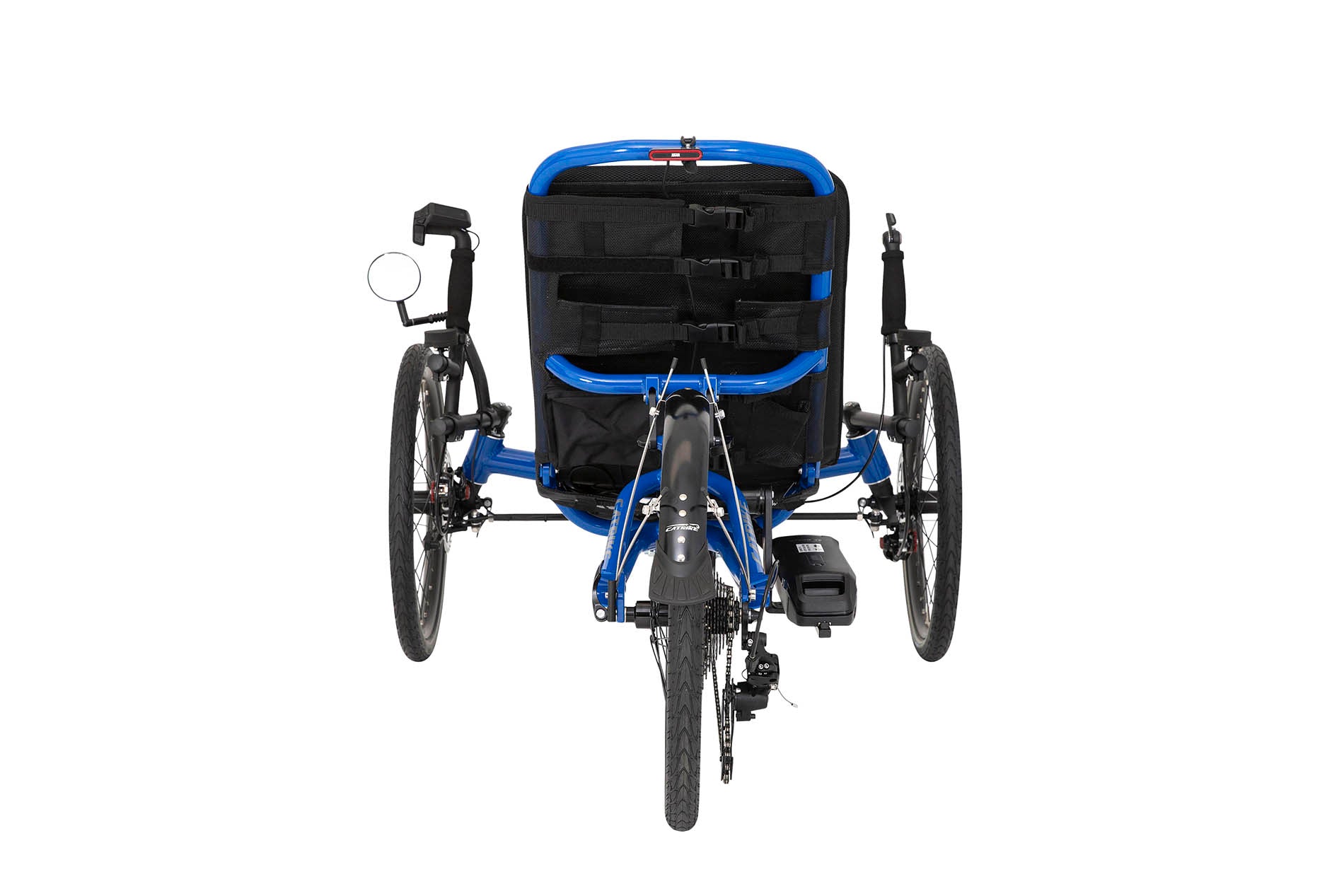 Rear view of the Catrike Villager eCat with Bosch BES3 Recumbent Trike in Electric Blue, shown on a white background. Complete with handrests, a rear fender, and an integrated lighting system.