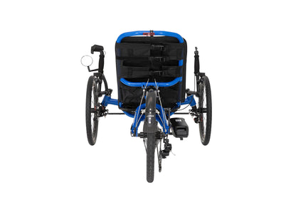 Rear view of the Catrike Villager eCat with Bosch BES3 Recumbent Trike in Electric Blue, shown on a white background. Complete with handrests, a rear fender, and an integrated lighting system.