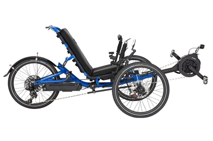 Side view of the Catrike Villager eCat with Bosch BES3 Recumbent Trike in Electric Blue, shown on a white background. Complete with handrests, a rear fender, and an integrated lighting system.