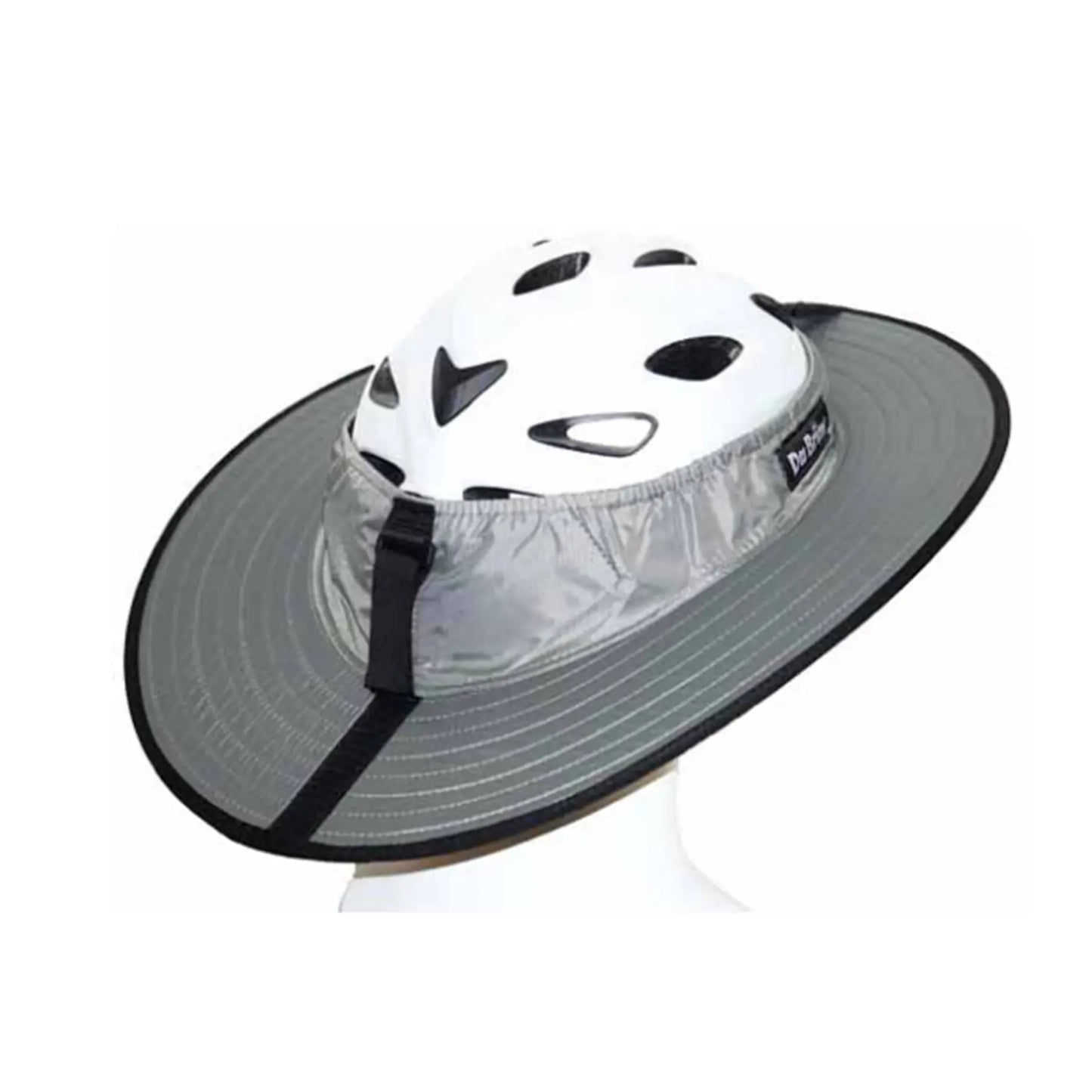 A white bicycle helmet with a wide, adjustable gray sun visor attached, displayed on a white mannequin head against a plain white background.