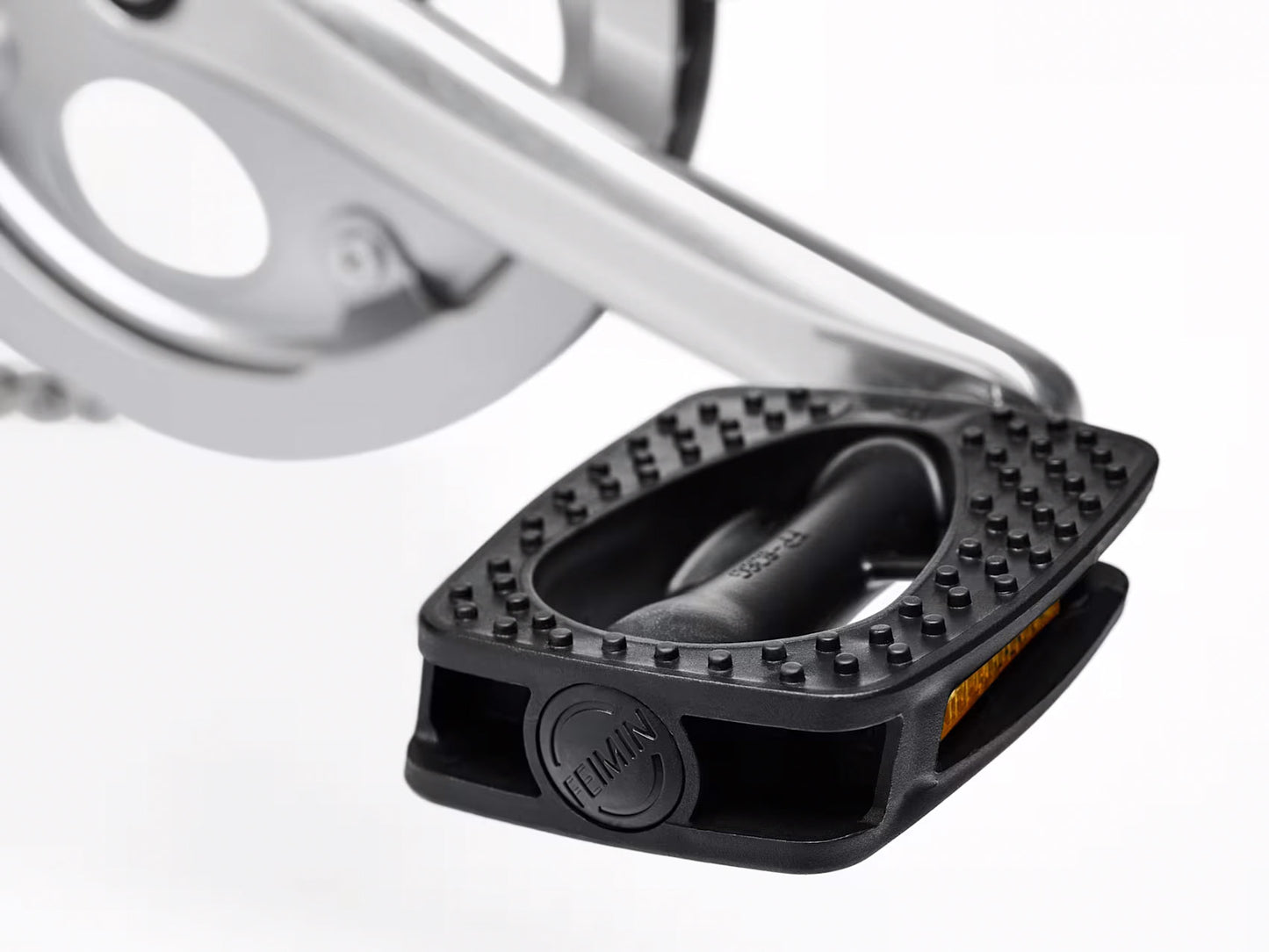 Detail view view of a pedal on the Electra Townie 7D Step-Thru 26 Inch Wheeled Bike in Kiwi, shown on a white background.