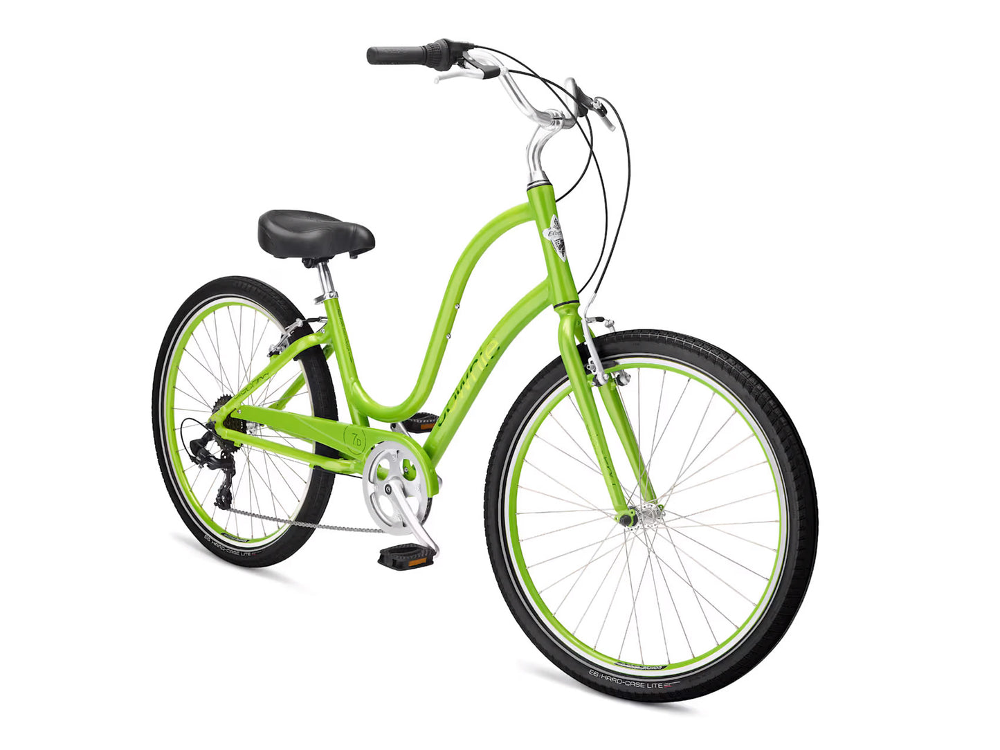 Front quarter view of the Electra Townie 7D Step-Thru 26 Inch Wheeled Bike in Kiwi, shown on a white background.