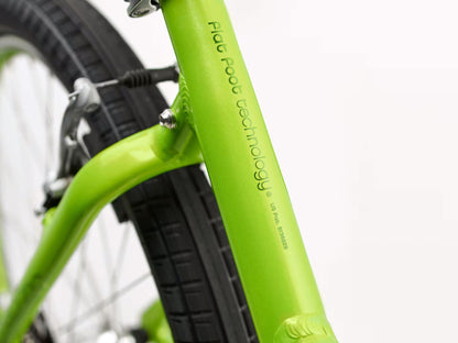 Detail view view of the down tube of the Electra Townie 7D Step-Thru 26 Inch Wheeled Bike in Kiwi, shown on a white background.