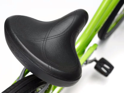 Detail view view of the saddle of the Electra Townie 7D Step-Thru 26 Inch Wheeled Bike in Kiwi, shown on a white background.
