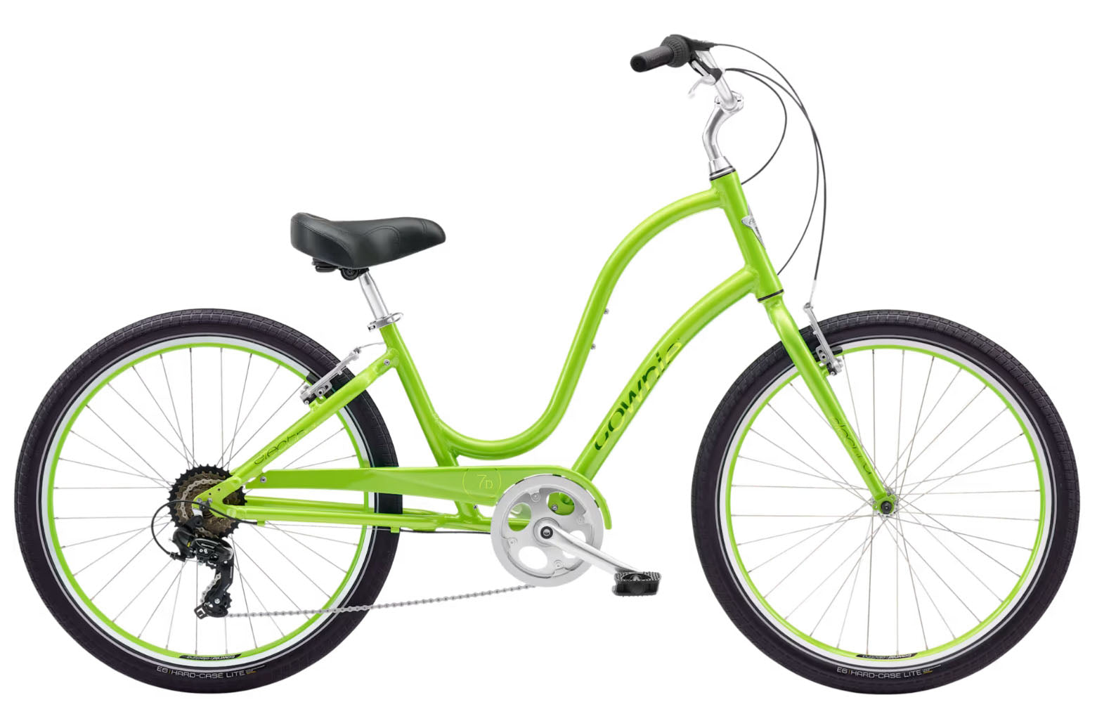 Side view of the Electra Townie 7D Step-Thru 26 Inch Wheeled Bike in Kiwi, shown on a white background.