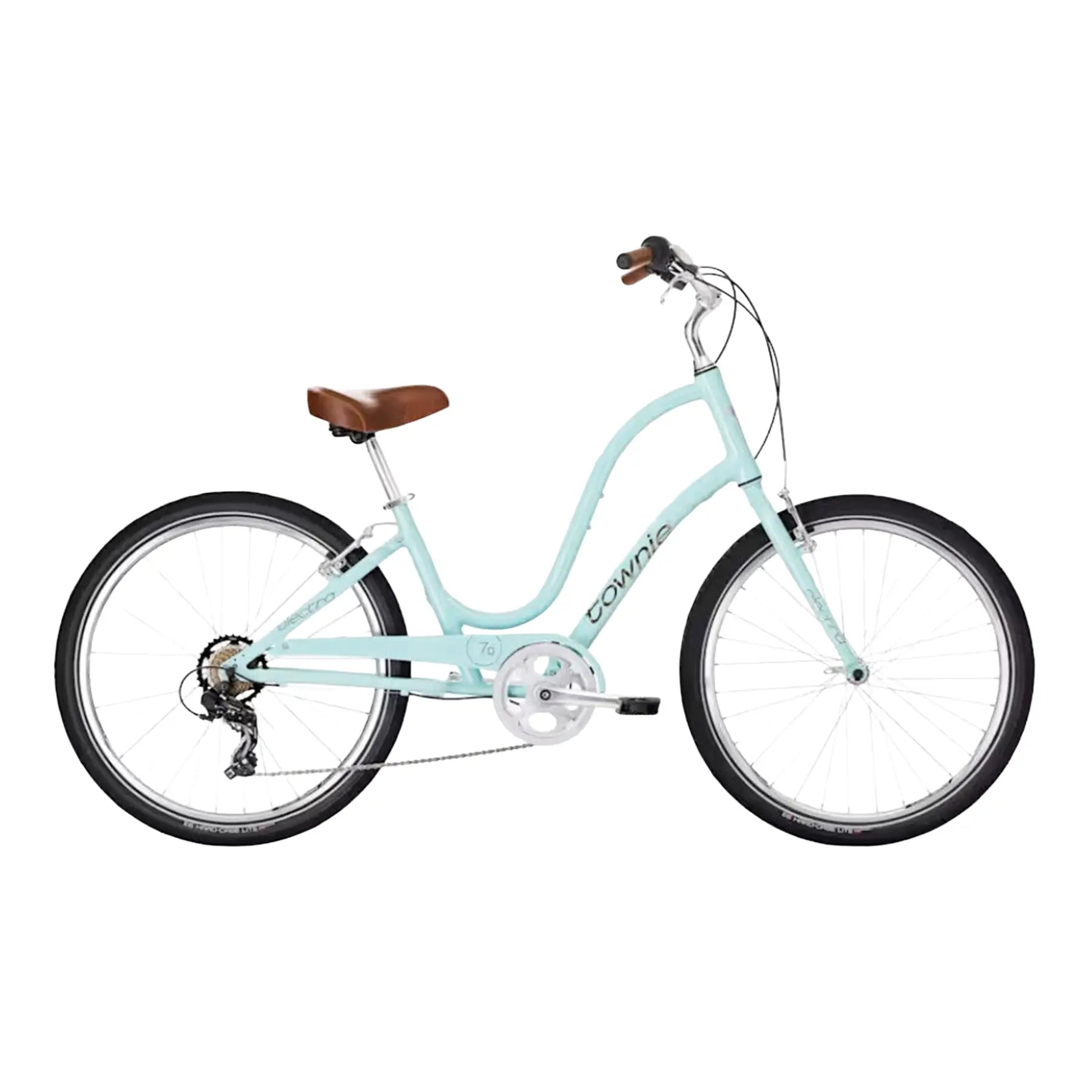 Side view of the Electra Townie 7D Step-Thru 26 Inch Wheeled Bike in Rain, a light blue color, against a white background.