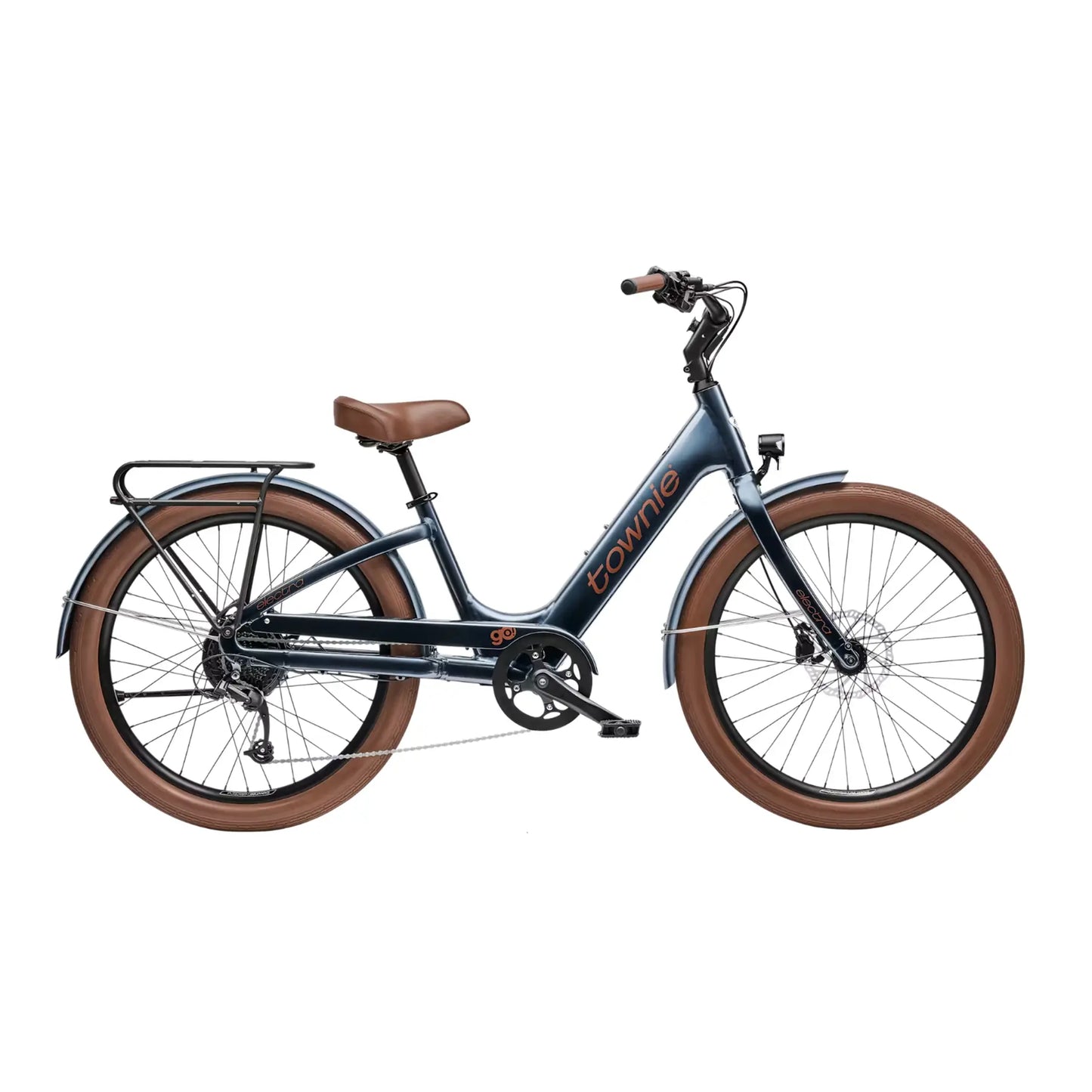Side view of the Electra Townie Go! S E-Bike with a dark blue-gray step-through frame, brown leather saddle, and brown tires, shown on a plain white background.
