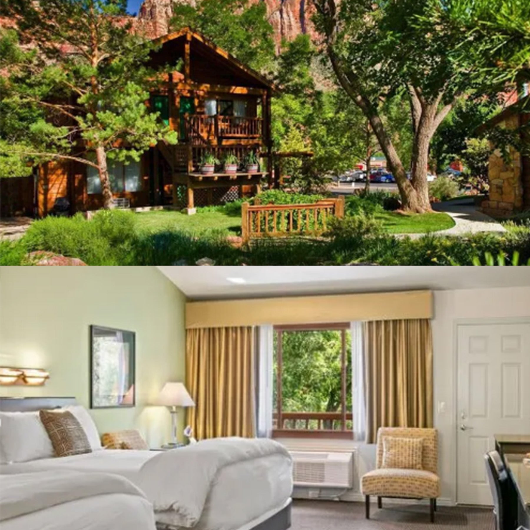 Top: Log cabin in a forested area with greenery. Bottom: Hotel room with bed and window view.