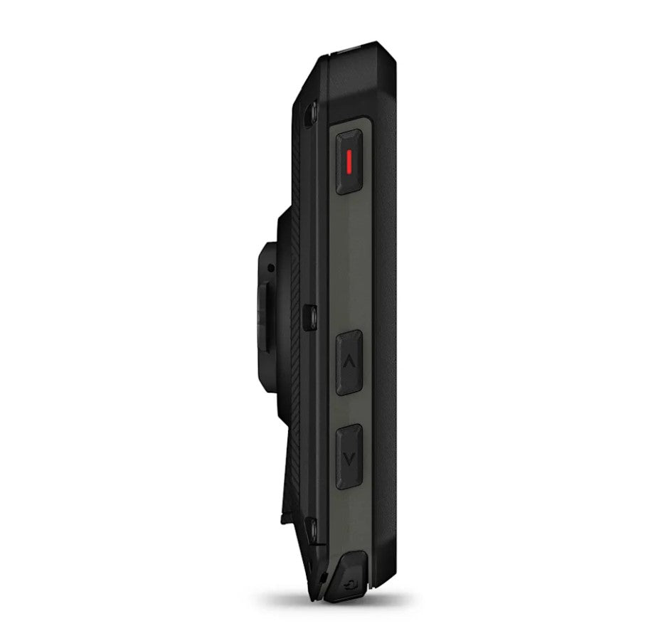 Side view of three buttons on a black Garmin Edge 550 device  on a white background
