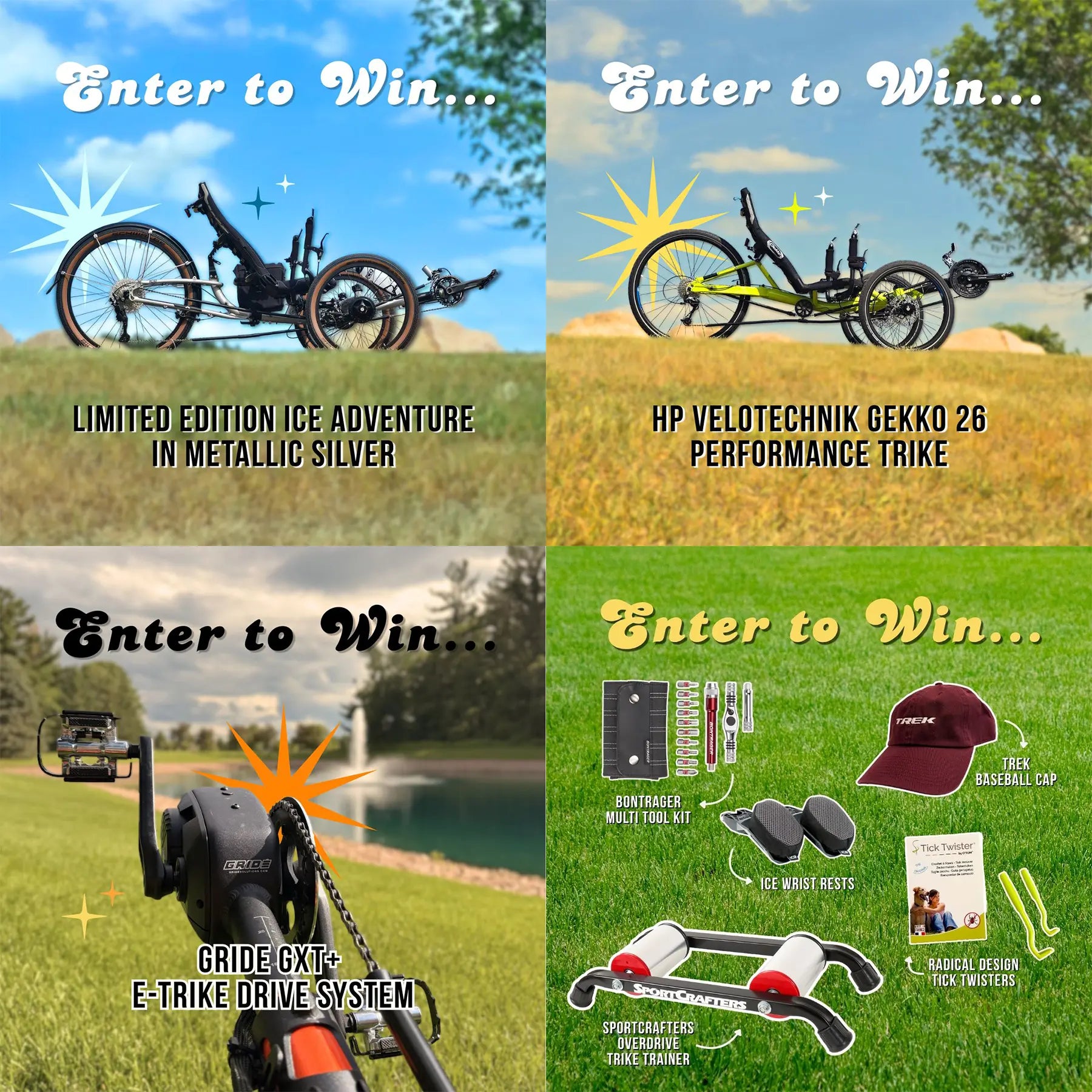 A 2x2 promotional collage for a trike giveaway. The top-left panel shows a silver trike on a grassy field with blue sky, captioned 'Enter to Win.