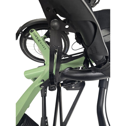 Closeup side view of the seat adjustment mechanism on the Hase Kettwiesel One Plus Enviolo Bosch Performance CX Pale Green Recumbent Trike against a white background.