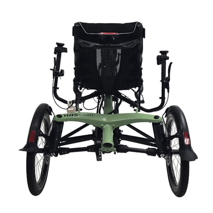 Rear view of the Hase Kettwiesel One Plus Enviolo Bosch Performance CX Pale Green Recumbent Trike against a white background.