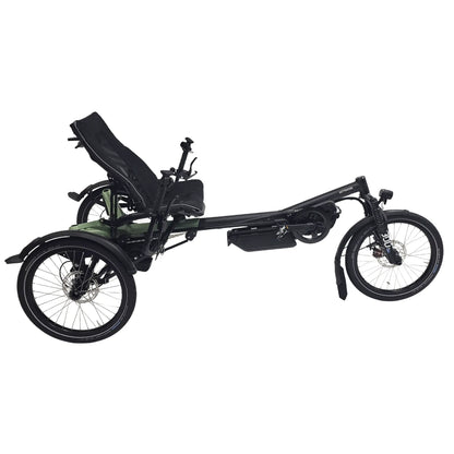 Side view of the Hase Kettwiesel One Plus Enviolo Bosch Performance CX Pale Green Recumbent Trike against a white background.