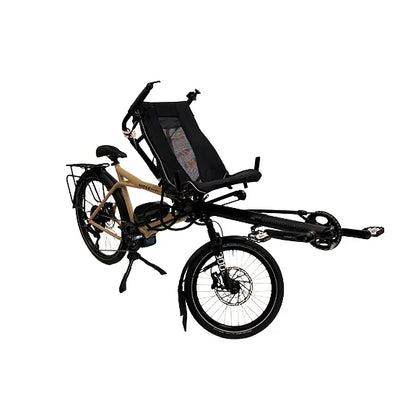 Angled side view of the Hase Pino EP6 Cargo Grey Beige Tandem Recumbent Bike against a white background.