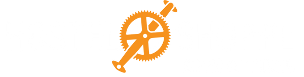 Hostel Shoppe Bikes and Trikes logo in white lettering with an orange crankset in the middle.