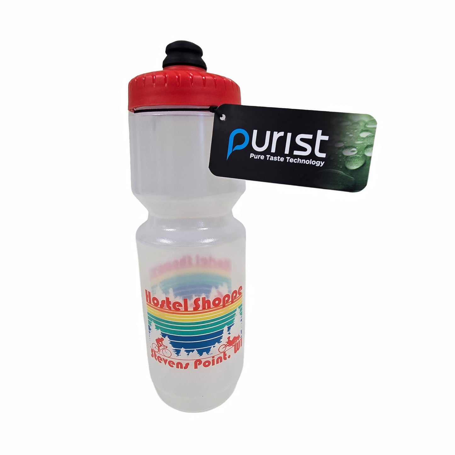 Clear Hostel Shoppe custom water bottle with red cap and colorful design and a Purist brand label against a white background.