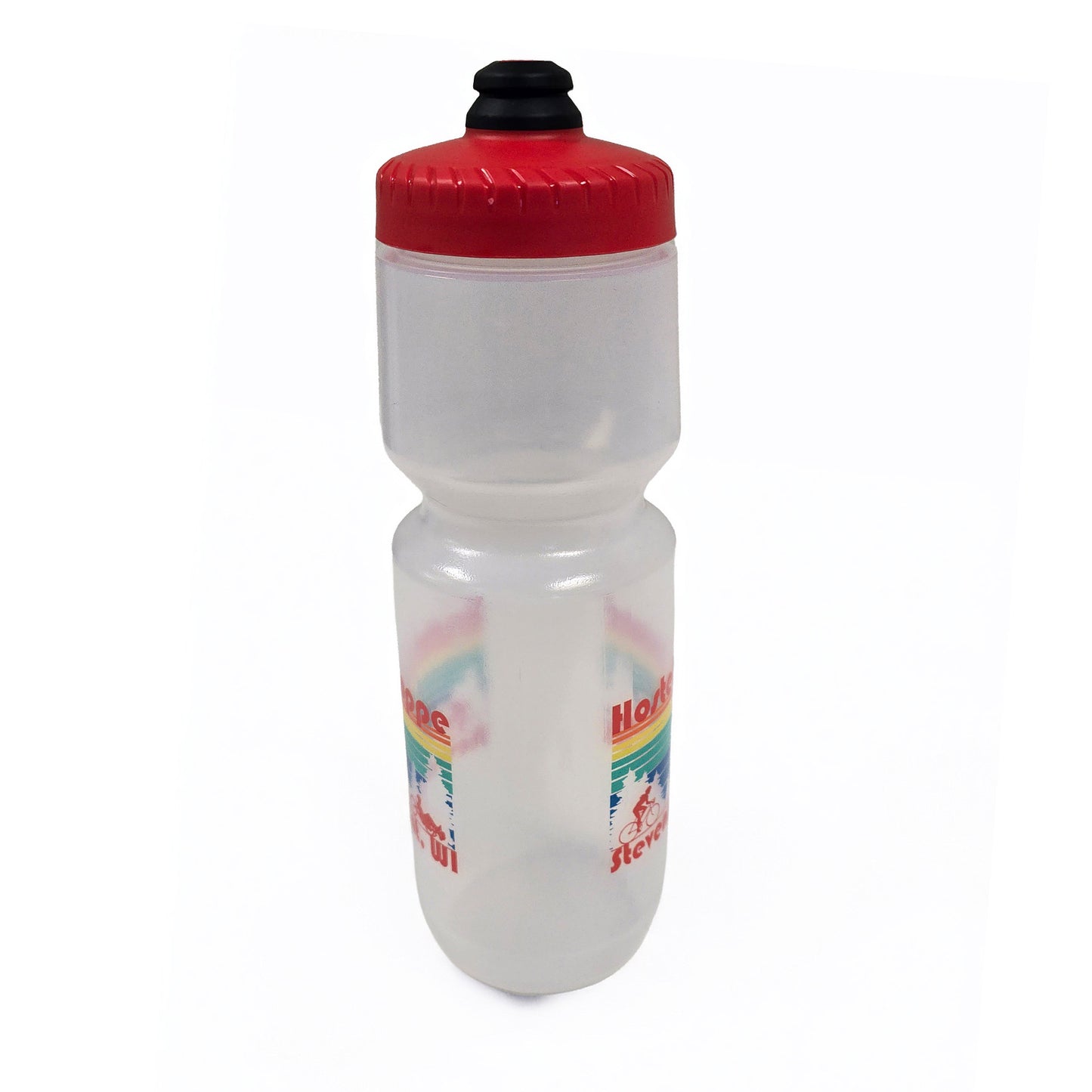 Side view of a clear Hostel Shoppe custom water bottle with red cap and colorful design against a white background.