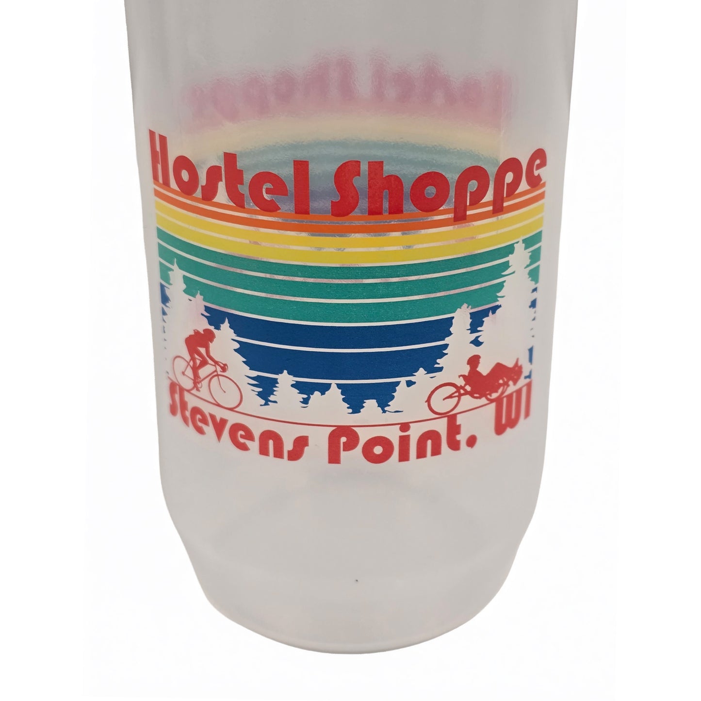 Closeup view of a clear Hostel Shoppe custom water bottle with red cap and colorful design against a white background.