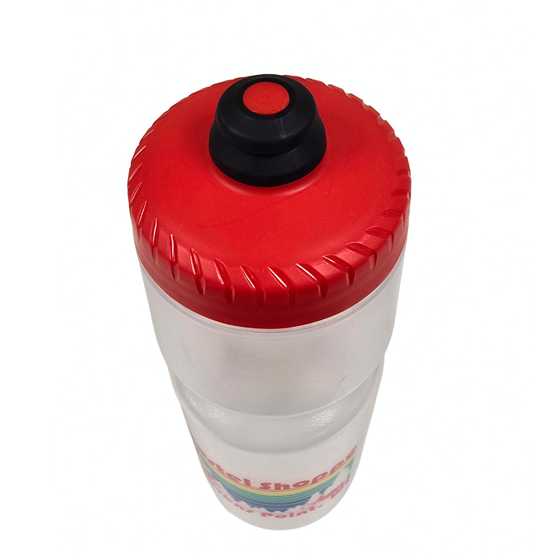 Closeup view of the closed MoFlo red cap on a clear Hostel Shoppe custom water bottle with colorful design against a white background.
